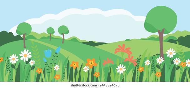 Summer landscape. Summer, field and flowers. Vector.