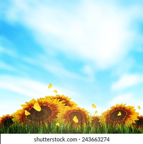 Summer Landscape With Field, Sky, Grass, Sunflowers And Butterflies
