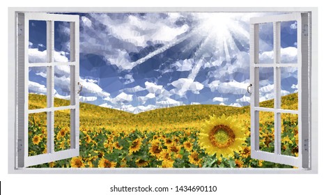 Summer landscape field of sunflowers, the view from the window. Vector low poly art.