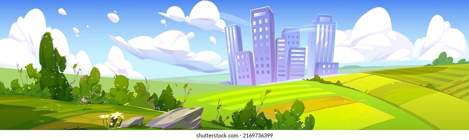 Paisaje veraniego con campos y edificios urbanos en el horizonte. Dibujo vectorial del panorama de la naturaleza con matorrales verdes, tierras agrícolas, senderos y pueblos en el horizonte