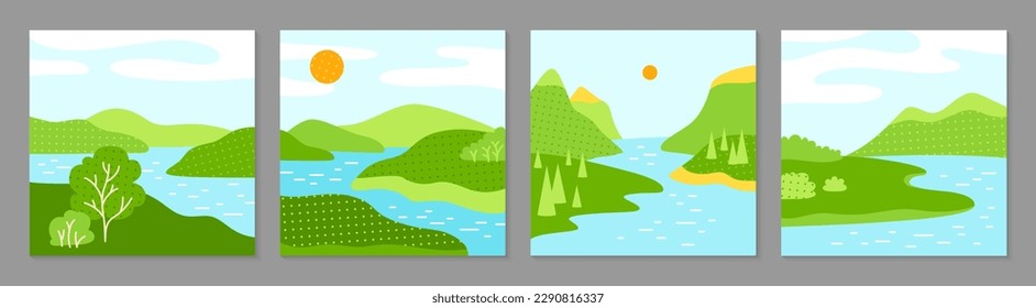 Summer landscape fields and green hills set. Abstract scenery flat minimalist design for poster, cover, postcard, book cover brochure flyer, template typography. Summer time season vector illustration