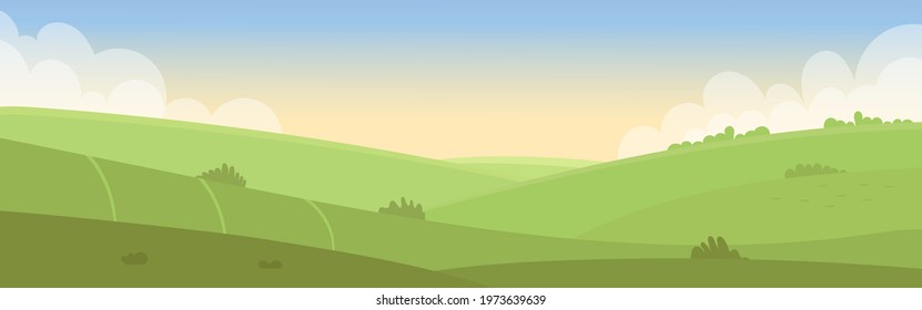 Summer landscape, fields, meadows, grass on a summer day, flat cartoon vector. Screensaver for cover or web design.