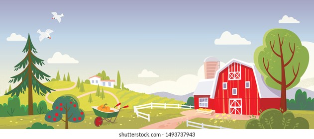 Summer landscape with fields and red barn. Countryside landscape. Farm building. Farm background.