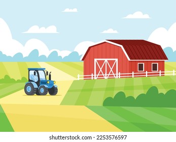 Summer landscape with fields and red barn. Countryside landscape. Farm building. Farm background. Tractor. Vector graphics