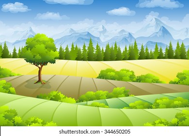 Summer landscape with fields, trees and mountains