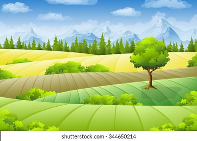 Summer landscape with fields, trees and mountains