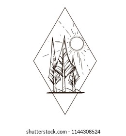 Summer landscape with fir trees in the shape of diamond. Outline vector illustration isolated on white background for posters, stickers and much more.