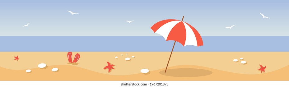 Summer landscape. Flat lay of beach. Summer banner. Beach umbrella on the seaside.