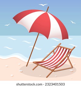 Summer landscape. Flat lay of beach. Summer banner in flat style. Beach umbrella on the seaside. beach umbrella and wooden deck chair vector drawing