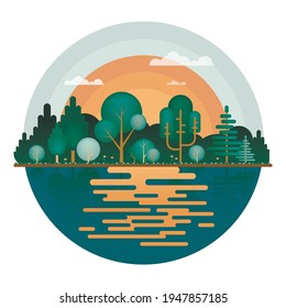 Summer landscape in a flat style. Forest landscape. Illustration: morning in the forest. Camping, on the shore of a forest lake.