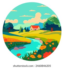 Summer landscape in flat style. Home sweet home concept. Sunny day in the garden near the country house. The house surrounded by lush blooming garden. Vector composition in a circle.