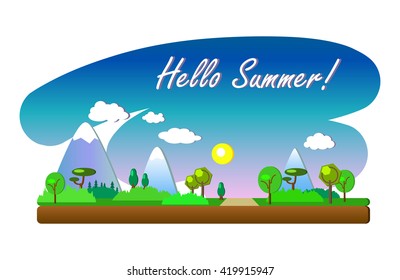 Summer landscape in flat style, optimistic vector illustration for holidays, summer illustration with place for text, summer holidays horizontal banner, summer holidays picture, mountains, sun, trees