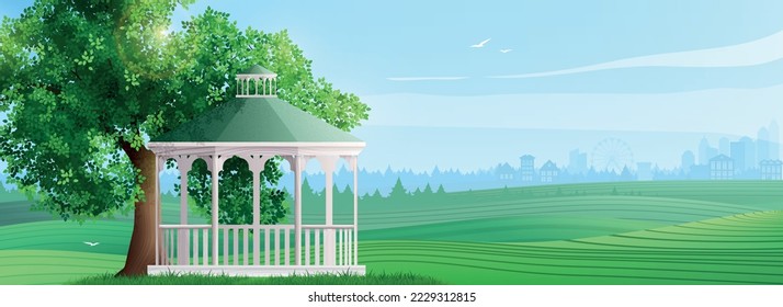 Summer landscape in flat style with view of green valley and wooden gazebo under tree and silhouettes of forest and houses in background vector illustration