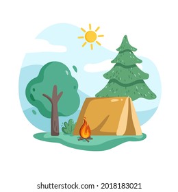 Summer landscape flat vector illustration with tent, bonfire and forest. Background for summer camp, nature tourism, camping or hiking concept. Vertical banner or design for a postcard, flyer