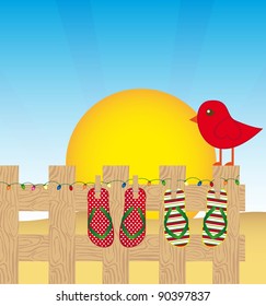 summer landscape with flip flops and red bird. vector illustration
