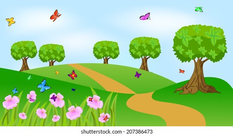 summer landscape with flowers and butterflies,  vector  illustration