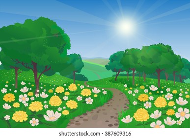 Summer landscape with flowers and road