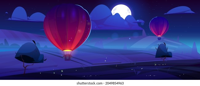 Summer Landscape With Flying Hot Air Balloons, Fields, Trees And River At Night. Vector Cartoon Illustration Of Countryside With Moon In Sky And Colorful Airships With Baskets Fly Over Meadows