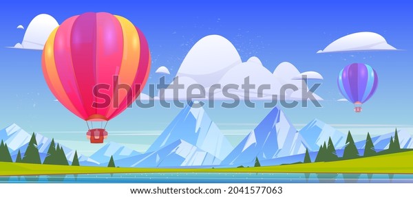 Summer landscape with flying hot air balloons, lake and mountains. Vector cartoon illustration of colorful airships with baskets fly over river, green meadows, coniferous forest and white rocks.