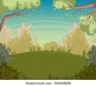 Summer landscape. Forest clearing with trees and bushes. Cartoon vector illustration