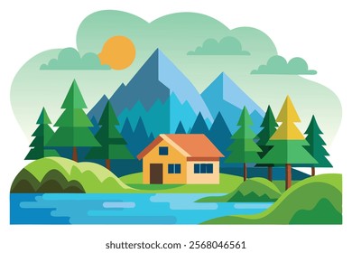 Summer Landscape with Forest House on the Lake – Vector Image

