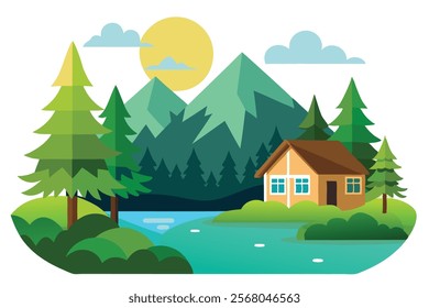 Summer Landscape with Forest House on the Lake – Vector Image

