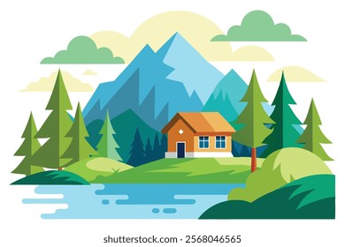 Summer Landscape with Forest House on the Lake – Vector Image

