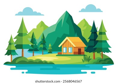 Summer Landscape with Forest House on the Lake – Vector Image

