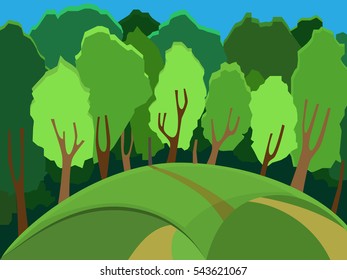 Summer landscape. Forest landscape. Many of the trees in the forest. Beautiful background. Cartoon.