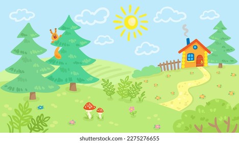 Summer landscape. Forest meadow with green trees, bushes, grass, flowers, road and small house. In cartoon style. Vector flat illustration.