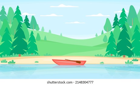 Paisaje veraniego con bosque en colinas. Barco cerca de la orilla del río. Parque nacional o reserva con lago. Fondo natural. Ilustración del vector