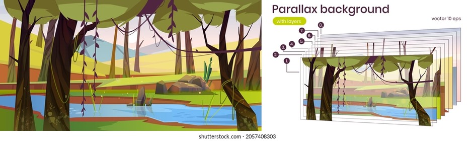 Summer landscape with forest, river and mountains on background. Vector parallax background for 2d animation with cartoon illustration of woods with trees, lianas, green grass, stones and brook