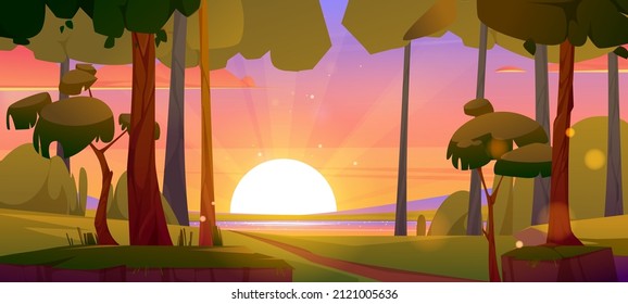 Summer landscape with forest and river at sunset. Nature scene with lake, path, trees, field and sun on horizon. Vector cartoon illustration of woods, lake and green grass at evening