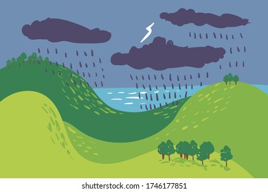 Summer Landscape Forest Sea Green Grass Tree Woods Sketch Simple rain, thunderstorm, thunder, cloudy weather .Child Hand Drawing Vector Illustration.