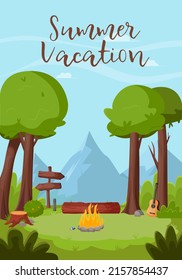 Summer Landscape In The Forest. Summertime Camping, Hiking, Camper, Adventure Time Concept. Flat Vector Illustration For Poster, Banner, Flyer.