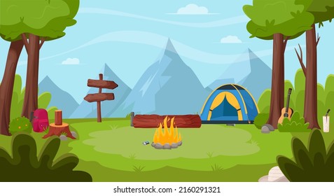Sommerlandschaft im Wald. Sommerzeit Camping, Wandern, Camper, Abenteuerzeitkonzept. Flache Vektorgrafik für Poster, Banner, Flyer