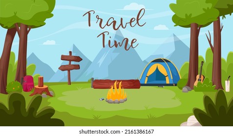 Summer Landscape In The Forest. Summertime Camping, Hiking, Camper, Adventure Time Concept. Flat Vector Illustration For Poster, Banner, Flyer