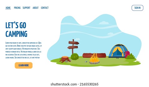 Paisaje veraniego en el bosque. Camping en verano, senderismo, acampada, concepto de tiempo de aventura. Ilustración vectorial plana para afiches, pancartas, volante