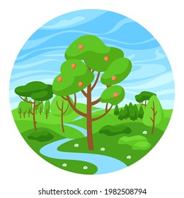 Summer landscape with forest, trees and bushes.