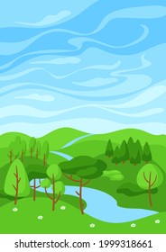 Summer landscape with forest, trees and bushes.