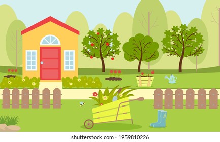 Summer landscape of the garden, with an apple tree and trees near the house. Vector illustration with flowers and flower beds. A wheelbarrow with grass, boots, a watering can