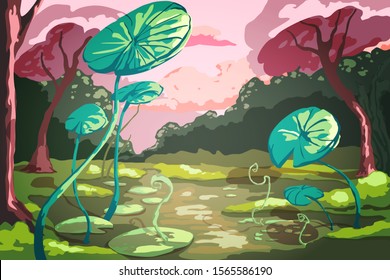 Summer landscape with giant green lotus leaves in the pond. Sunset scenery with beautiful pink trees. Vector illustration