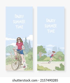 Summer landscape with girl on bike and running girl. Vertical summer banner. Enjoy summer time. Vector illustration