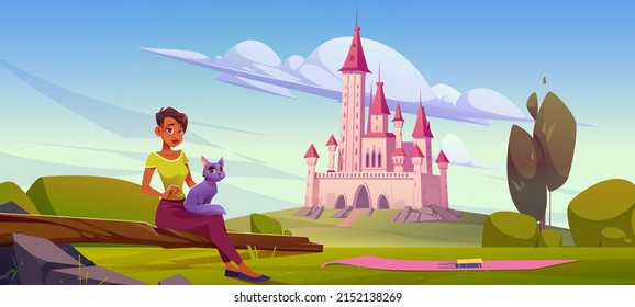 Summer landscape with girl on picnic and medieval castle on background. Vector cartoon illustration of woman with cat sitting on log, books on mat and old royal palace