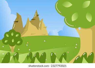 Summer landscape. Glade with trees, mountains and flowers.