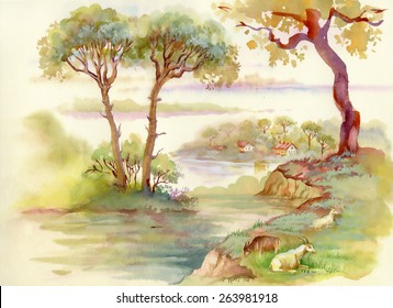 Summer Landscape with goats watercolor illustration vector