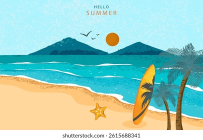 summer landscape grain texture background with beach and palm leaves for horizontal design