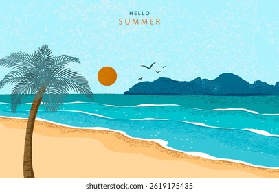 summer landscape grain texture background with beach and palm leaves for horizontal design