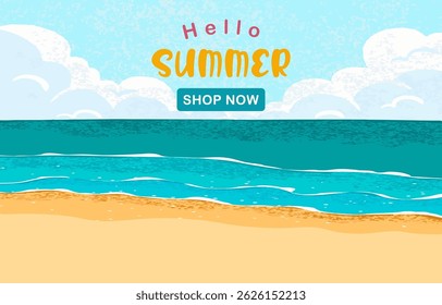 summer landscape grain texture background with beach and palm leaves for horizontal design