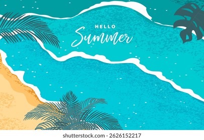 summer landscape grain texture background with beach and palm leaves for horizontal design